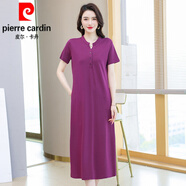 皮爾卡丹（pierre cardin）純棉t恤裙女夏季長(cháng)款過(guò)膝寬松休閑大l碼領(lǐng)連衣裙顯瘦洋氣翻領(lǐng)針織 玫紅  8907款 L 110-120斤