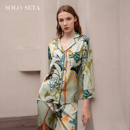 Solo seta斷碼孤品女士真絲睡衣家居服套裝睡袍印花時尚輕奢四季款 銀杏金鈴套裝 M