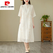 皮爾卡丹（pierre cardin）新中式立領(lǐng)盤(pán)扣改良旗袍裙女夏季胖m|m寬松大尺碼高端苧麻刺繡連 白色 L(建議110-125斤)