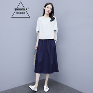 SHIROMA女裝棉麻套裝連衣裙女中長款夏季減齡氣質(zhì)時尚韓版亞麻裙子兩件套 白色+藏青 S /80-105斤