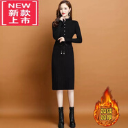爾煦【品牌撿漏】假兩件針織連衣裙女2022秋冬新款中長款過膝長裙修身內(nèi)搭打底毛衣裙子氣質(zhì)女裝 【加絨加厚】黑色 2XL 建議125-135斤