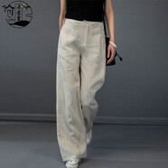 弄堂里輕奢2024春夏新款亞麻闊腿褲女士寬松顯瘦休閑褲棉麻直筒褲長(zhǎng)褲子 原麻色 L 建議110-120