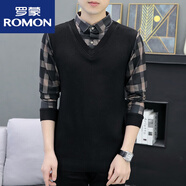 羅蒙（ROMON）2025秋冬季V領(lǐng)毛衣男士假兩件時(shí)尚帶領(lǐng)條紋針織衫搭配馬甲線(xiàn)衣 黑卡格8168假兩件襯衫 5XL