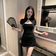 堂峻2023夏季夜場(chǎng)制服性感女裝鏤空年輕款少女旗袍短款改良包臀連衣裙 黑色 M