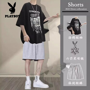 花花公子（PLAYBOY）純棉短袖t恤男士男生休閑套裝2025夏季韓版衣服一套搭配寬松短褲 MD49純棉T恤黑+D01灰+項鏈 M