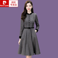 皮爾卡丹（pierre cardin）毛呢長(zhǎng)袖連衣裙女2023冬季新款修身中長(zhǎng)裙內(nèi)搭保暖格子a字打底裙 灰色 M