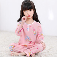 兒童棉綢睡衣套裝夏季女童長(cháng)袖中大童孩薄款家居服綿綢空調服童裝 雙長(cháng)粉色美人魚(yú) 85碼數建議穿130cm