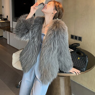 傲列2025秋冬輕奢品質(zhì)貉子毛雙面編織皮草女中長(cháng)減齡狐貍毛毛外套大衣 深灰色 均碼
