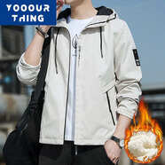 YOOOURTHING男士休閑夾克青年時尚休閑連帽外套男城市輕戶外春秋冬加絨夾克男 2130卡其加絨 2XL 【建議120-150斤】