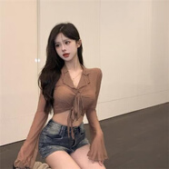 愷吉銳純色網(wǎng)紗長袖T恤女純欲性感辣妹綁帶喇叭袖微透顯瘦短款上衣ins潮 咖色 S
