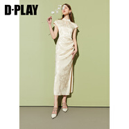DPLAY2025年夏季新款氣質(zhì)新中式旗袍國(guó)風(fēng)白色連衣裙女長(zhǎng)款短袖禮服裙子 奶油杏 L
