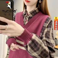 啄木鳥(niǎo)品牌女裝打底衫內(nèi)搭洋氣春秋2025新款感毛衣針織襯衫假兩件上衣女 玫紅色 L 建議105-115斤