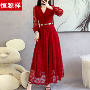 恒源祥2024年新款女裝春夏法式蕾絲高個(gè)子及到腳踝超長款拖地連衣裙長裙 圖片色 S
