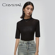 水晶   CRYSTAL天絲中袖針織衫女秋季新款短袖百搭羊毛薄款圓領毛衣打底衫AW706 黑色 M