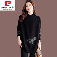 皮爾卡丹（pierre cardin）半高領(lǐng)毛毛針織衫女春秋加厚中長款燙鉆內(nèi)搭上衣寬松打底毛衣裙 黑色 3XL 建議135-155斤