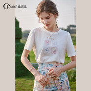 Olrain歐芮兒白色短袖T恤女夏季寬松透氣顯瘦套頭印花上衣 白色O22XT01903 160/84A/M