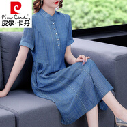 皮爾卡丹輕奢高檔女裝 40一50歲女裝胖太太女士連衣裙夏裝2021新款遮肚子a字裙高端洋氣針織 牛仔蘭 XL
