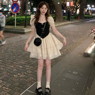 薇戀夢(mèng)嵐2022夏季新款韓版ins收腰時(shí)尚短款約會(huì)小清新少女雙色顯瘦蛋糕裙公主連衣裙仙女學(xué)生短裙子 黑拼香檳連衣裙?? 2XL 130-140斤
