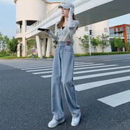 佐馬仕牛仔褲女春秋季新款2025高腰寬松闊腿褲女直筒褲復古女休閑褲 淺藍色【長(cháng)褲】 M （100-110斤）
