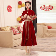 夕楠酒紅色敬酒服日?？纱┬履?023新款法式氣質(zhì)宴會(huì )裙高檔訂婚禮服女 加披肩中長(cháng)-款 XS