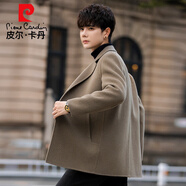 皮爾卡丹羊毛呢子風(fēng)衣外套男士短款大衣新款韓版雙面呢西裝高級感風(fēng)衣潮 灰綠色 L 體重(120-135斤左右)