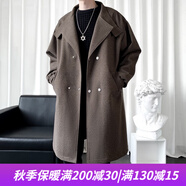 HOUQIYE風(fēng)衣男秋冬季中長(zhǎng)款大碼連帽大衣加棉加厚保暖寬松韓版潮牌外套 F933咖啡色（呢料） XL（140-160斤）