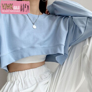 VJWK 爵士舞服裝女網(wǎng)紅ins超火高腰短款衛衣2021寬松韓版長(cháng)袖T恤女街舞露臍薄款上衣 淺藍色衛衣 S