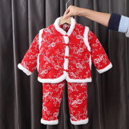 忻悅晴寶寶棉服套裝東北大花棉襖冬裝男女童外穿碎花保暖棉衣棉褲拜年服 紅色小花 90 cm