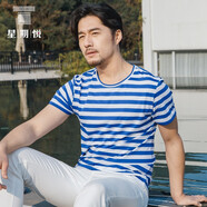 星期悅 ?；晟澜z光棉圓領(lǐng)T恤海軍藍白寬條紋男百搭短袖t恤     藍色-短款 男165/S