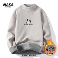 NASA MARVEL青少年圓領(lǐng)套頭針織衫男冬季加絨加厚毛衣男寬松保暖上衣休閑潮流 682016卡其色 XL（建議125-140斤）