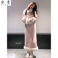 亦貴千金風(fēng)套裝女秋冬新款時(shí)尚毛領(lǐng)淺粉色毛毛短外套+半身裙兩件套女 粉色麂皮絨長(zhǎng)款套裝（夾棉） S