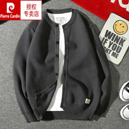皮爾卡丹（pierre cardin）春秋日系復古針織開衫男士圓領加絨加厚毛衣外套韓版潮流男裝線衣 【加】灰色 厚款 3XL 190180斤-200斤