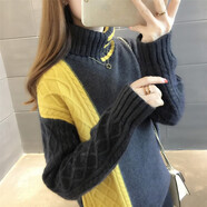 宜惜綺高領(lǐng)毛衣女加絨加厚打底衫秋冬季新款女士寬松可外穿毛針織衫上衣 黑加黃 均碼
