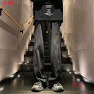 余帥（YU SHUAI）牛仔褲男春秋新款美式高街復古重磅潮流拼接褲子寬松闊腿直筒男褲 GY-T8855黑色 2XL