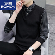 羅蒙（ROMON）2025秋冬季V領(lǐng)毛衣男士假兩件時尚帶領(lǐng)條紋針織衫搭配馬甲線衣 黑色8168寬條紋假兩件襯衫 2XL