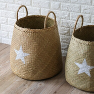 KENS 田園風(fēng)海草編手提籃大號筐子織收納筐浴室臟衣籃文藝范 原色-高款中號