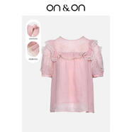 ON&ON/安乃安女裝小衫2025春季100%苧麻氣質(zhì)溫柔蕾絲鏤空荷葉邊短袖 粉紅色 S
