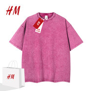HM重磅純棉短袖男扎染水洗美式t恤做舊復(fù)古寬松時(shí)尚情侶款體恤衫 粉色 S80-110斤