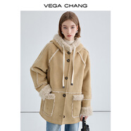 VEGA CHANG加絨皮毛一體短外套女2025年秋冬新款減齡抽繩連帽外套 烤面包棕 L