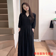 嫻槐綿綢連衣裙法式感女夏時尚碎花人造棉輕薄純黑中長款寬松裙子 黑色口袋款-約會戰(zhàn)袍溫柔風(fēng)連衣裙 M XL碼 裙長120C-約會戰(zhàn)袍溫柔風(fēng)連衣裙