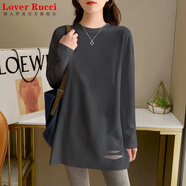 LOVER RUCCI鯊魚(yú)褲搭配的上衣純棉體恤女遮臀灰色打底衫長(cháng)款長(cháng)袖t恤女遮屁股 灰色-純色春秋款】 XL 120-140斤