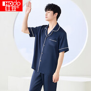 紅豆（hongdou）睡衣男仿真絲短袖長褲套裝透氣開衫家居服 藏藍色175