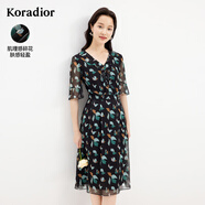 珂萊蒂爾v領(lǐng)連衣裙女短袖收腰碎花裙法式中長(cháng)裙a字裙 黑色 S