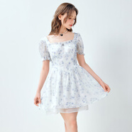 樂(lè )町方領(lǐng)淺藍色流光公主裙度假打卡高腰泡泡袖公主裙 藍印花（預售） XS