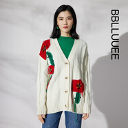 BBLLUUEE/粉藍(lán)衣櫥針織絞花羊毛寬松開衫2024秋冬新款V領(lǐng)時(shí)尚外披525M095 月牙白 S