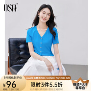 歐莎（OSA）V領(lǐng)正肩顯瘦薄款針織衫女短袖高端洋氣t恤小個(gè)子短款上衣減齡女裝 寶藍(lán) M