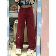 風(fēng)采兔 韓系復(fù)古工裝褲女2023夏新款辣妹風(fēng)多口袋休閑寬松闊腿褲子ins潮 阿曼尼紅 S