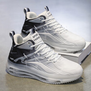 亮督男鞋2025春季新款網面透氣休閑運動鞋男士氣墊減震跑步鞋輕奢潮鞋 白黑【高幫款】 45