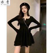 亦貴設(shè)計感小眾黑色修身長袖連衣裙女春季小個子a字短裙收腰顯瘦裙子 黑色 S