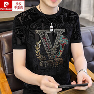 皮爾卡丹（pierre cardin）歐洲站短袖t恤男歐貨鏤空冰絲體恤時(shí)尚植絨燙鉆上衣針織 黑色 大V XL 135-150斤